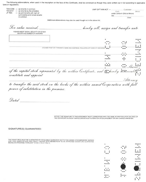(PAGE 2 OF CERTIFICATE OF STOCK)