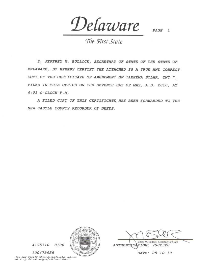 Amended Certificate of Incorporation - page 1