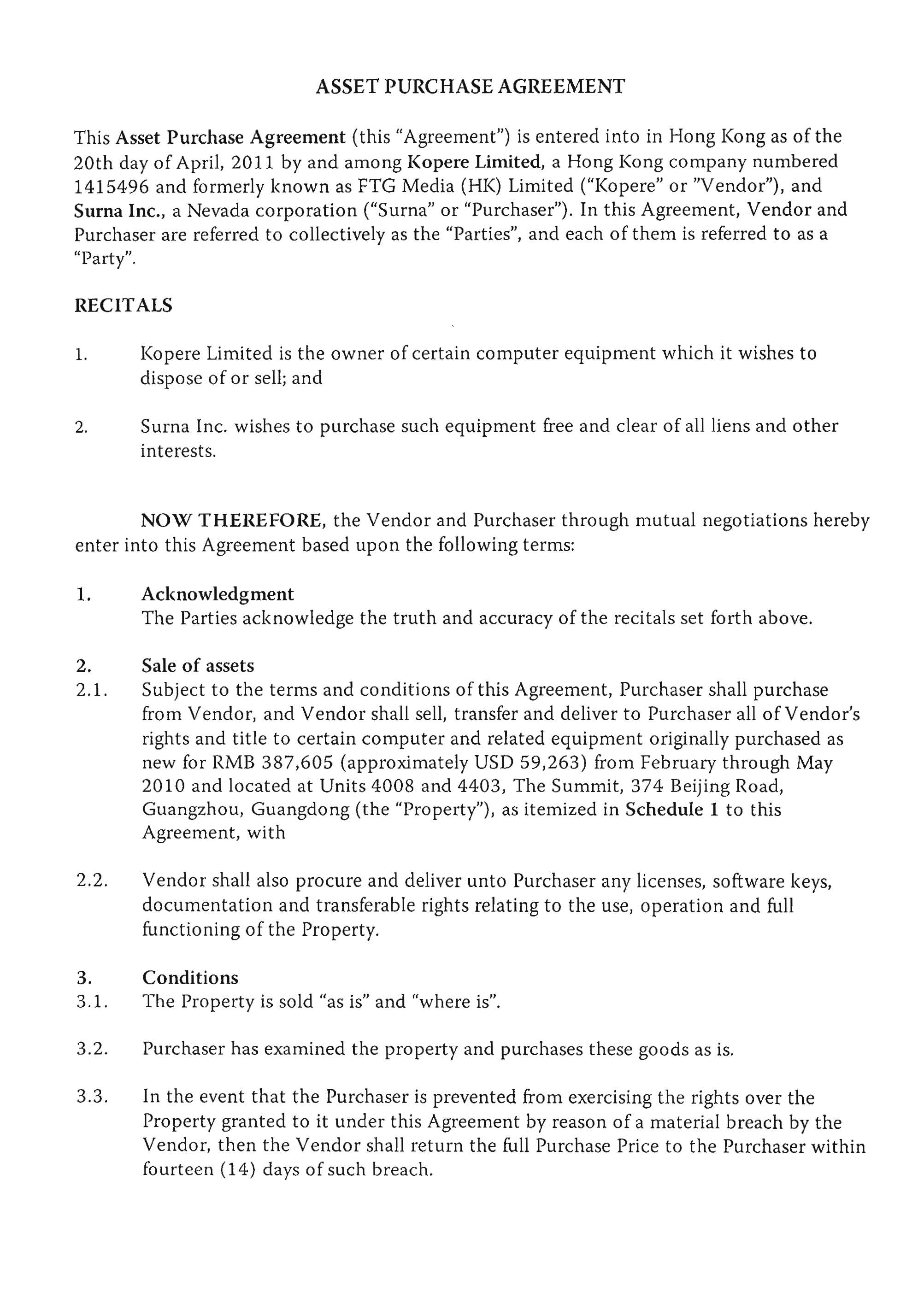 Asset Purchase Agreement - Page 1