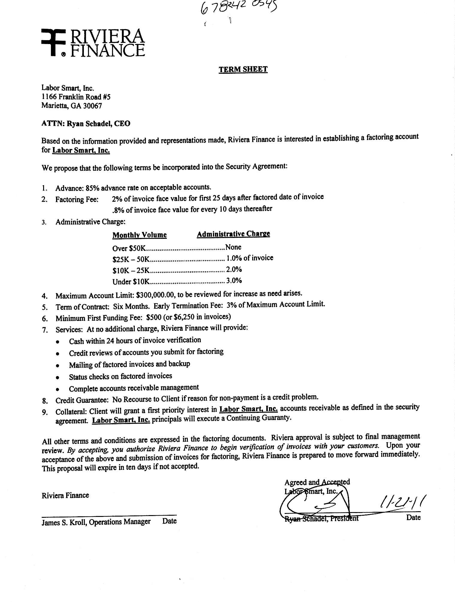Labor Smart, Inc. - FORM S-21/A - EX-221.21 - FACTORING AGREEMENT Regarding Invoice Discounting Agreement Template