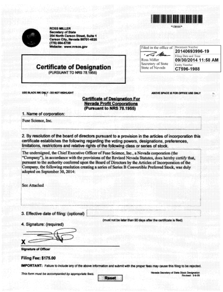 Fuse Science, Inc. - FORM 8-K - EX-3.2 - CERTIFICATE OF DESIGNATIONS ...