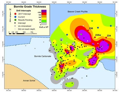 Figure 2 - MAP SHOWING GRADE X THICKNESS OF MINERALIZED INTERSECTIONS USING A 0.3% Cu CUT-OFF GRADE (CNW Group|Trilogy Metals Inc.)