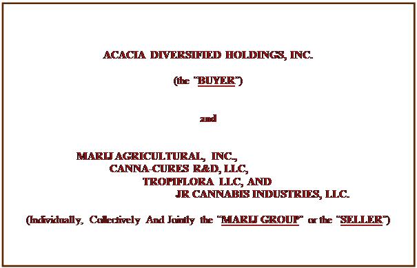 "Text Box: ACACIA DIVERSIFIED HOLDINGS, INC.

(the ?BUYER?)


and


         MARIJ AGRICULTURAL, INC., 
                      CANNA-CURES R&D, LLC, 
                            TROPIFLORA LLC, AND 
                                  JR CANNABIS INDUSTRIES, LLC.

(Individually, Collectively And Jointly the ?MARIJ GROUP? or the ?SELLER?)

"